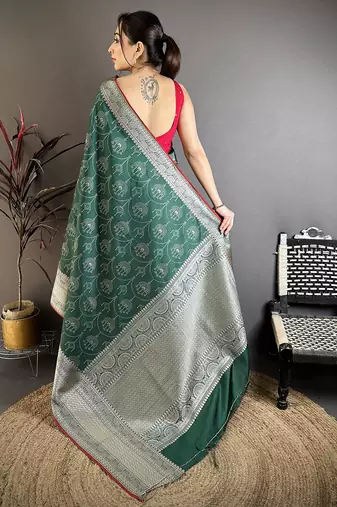 Dark green banarasi silk ajrakh print kanjivaram sarees