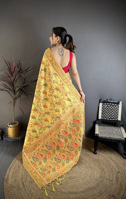 Yellow pashmina silk   floral & leaf elements madhubani design kashmiri saree 4