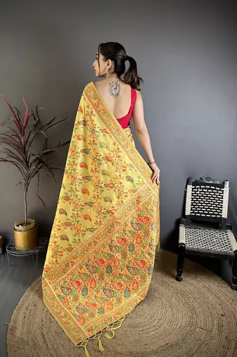 Yellow pashmina silk   floral & leaf elements madhubani design kashmiri saree
