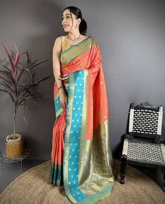 Coral pink soft silk small floral zari butti gold zari weaving banarasi saree 1