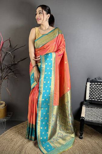 Coral pink soft silk small floral zari butti gold zari weaving banarasi saree