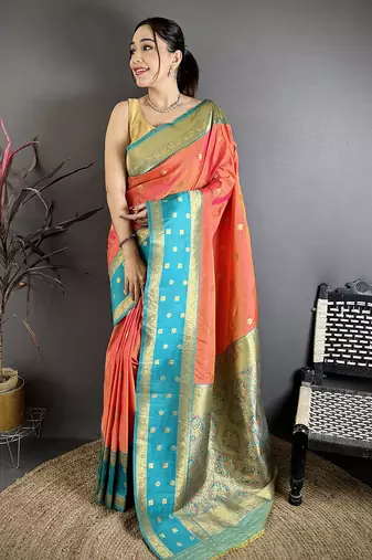 Coral pink soft silk small floral zari butti gold zari weaving banarasi saree