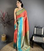 Coral pink soft silk small floral zari butti gold zari weaving banarasi saree