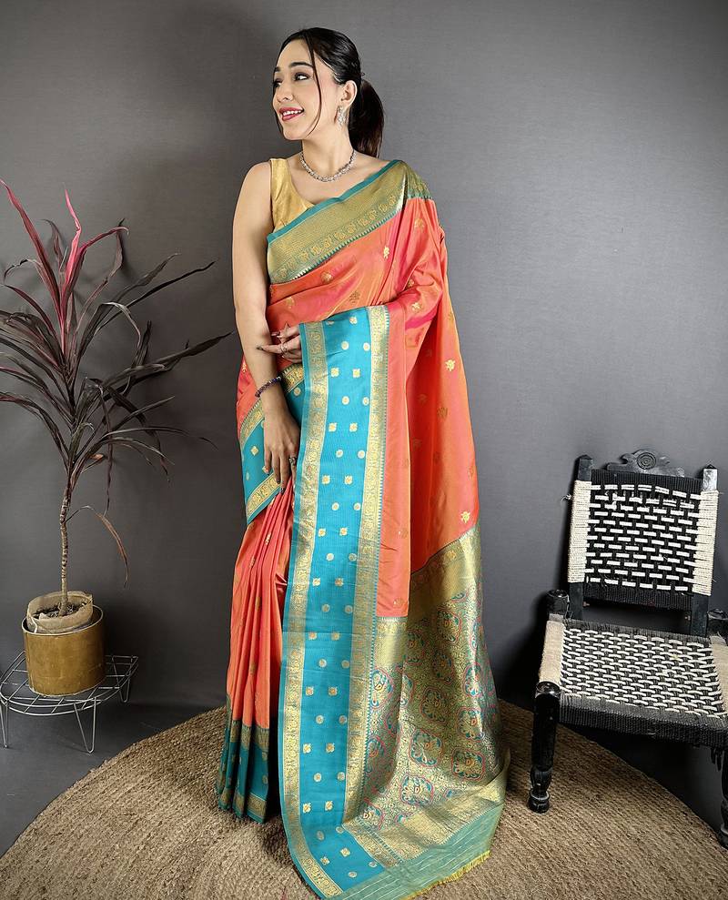 Coral pink soft silk small floral zari butti gold zari weaving banarasi saree