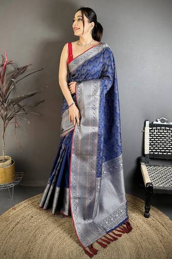 Royal blue banarasi silk intricate zari weaving kanjivaram sarees