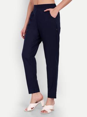 navy blue cotton trousers with plain side cut 3