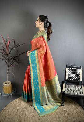 Coral pink soft silk small floral zari butti gold zari weaving banarasi saree 2