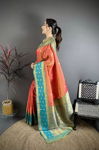 Coral pink soft silk small floral zari butti gold zari weaving banarasi saree