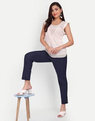 navy blue cotton trousers with plain side cut 4