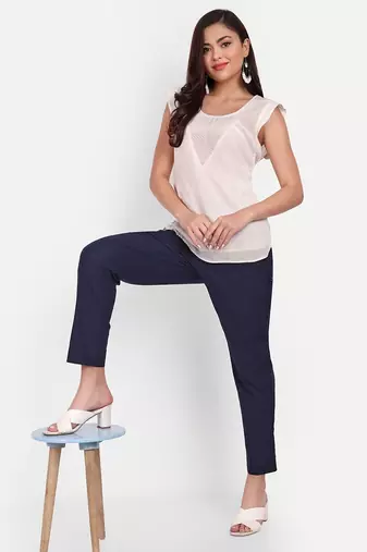 navy blue cotton trousers with plain side cut