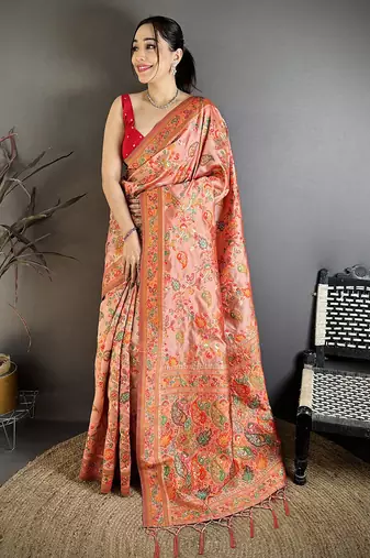 Coral pashmina silk floral&paisley patterns madhubani design kashmiri saree