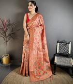 Coral pashmina silk floral&paisley patterns madhubani design kashmiri saree