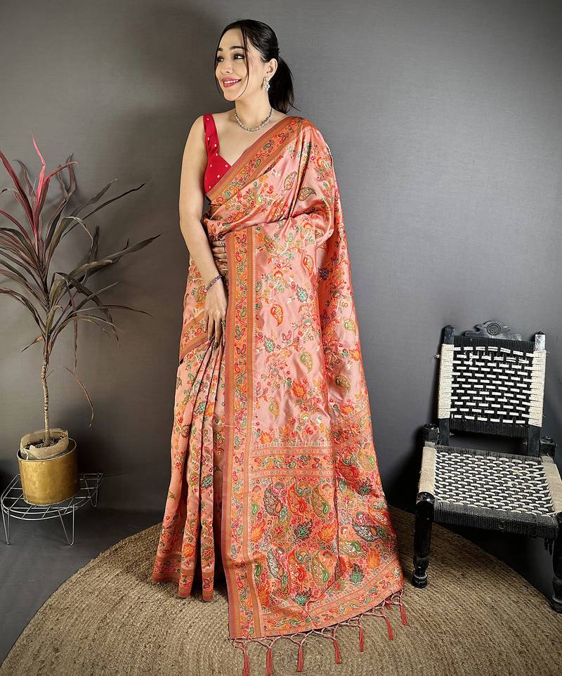 Coral pashmina silk floral&paisley patterns madhubani design kashmiri saree