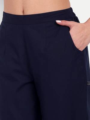 navy blue cotton trousers with plain side cut 5