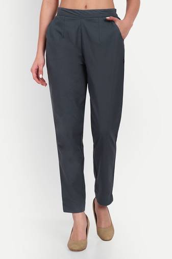 grey cotton women trousers with plain side cut design