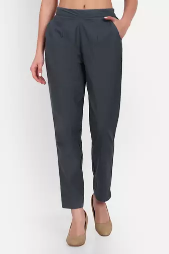 grey cotton women trousers with plain side cut design