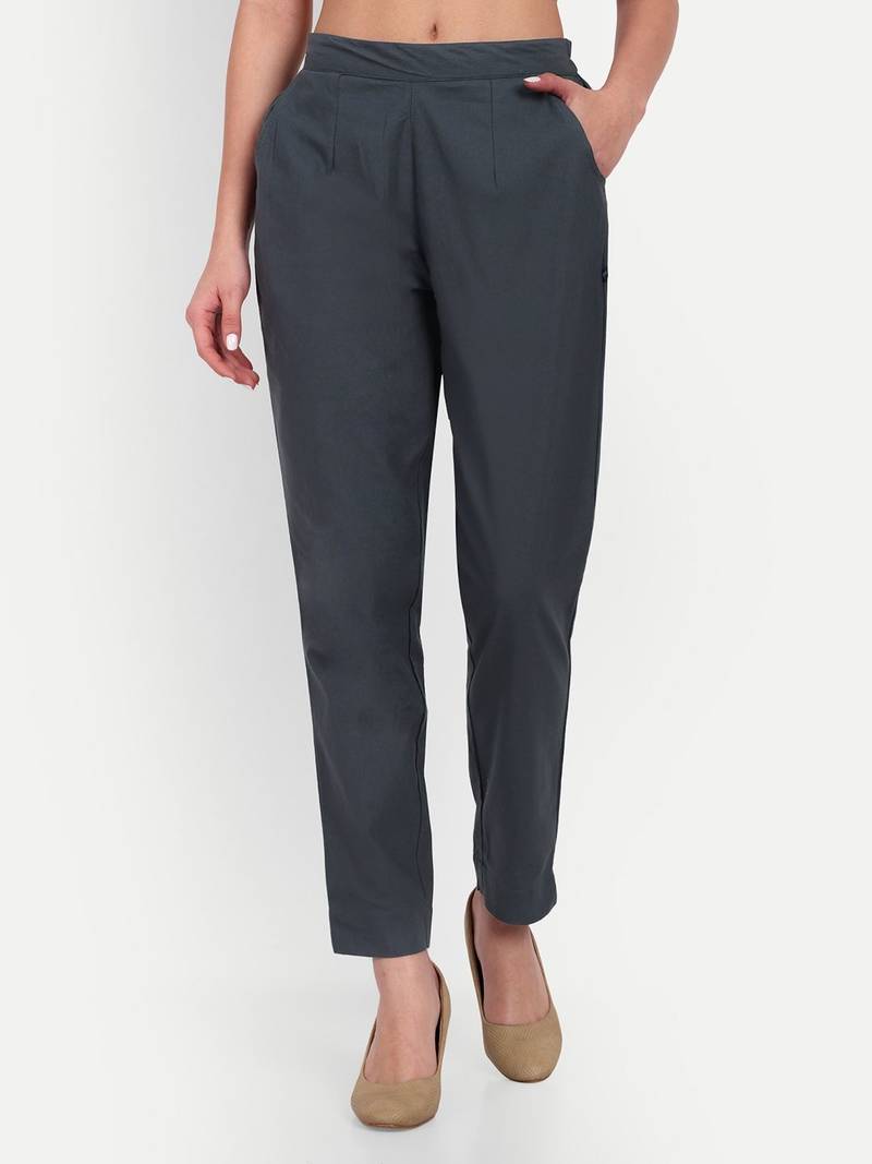 grey cotton women trousers with plain side cut design