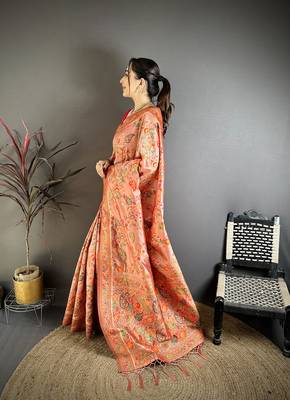 Coral pashmina silk floral&paisley patterns madhubani design kashmiri saree 2
