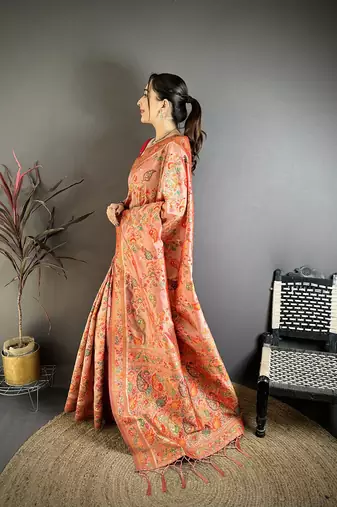 Coral pashmina silk floral&paisley patterns madhubani design kashmiri saree