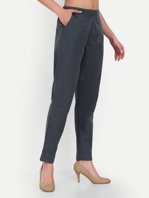 grey cotton women trousers with plain side cut design 3