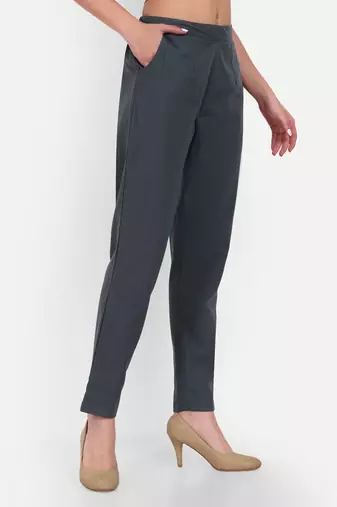 grey cotton women trousers with plain side cut design