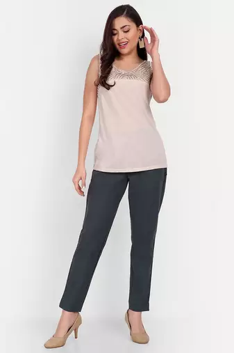 grey cotton women trousers with plain side cut design