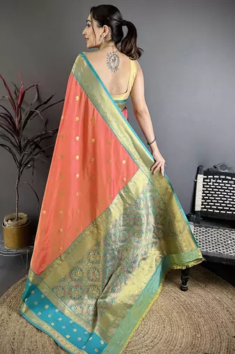 Coral pink soft silk small floral zari butti gold zari weaving banarasi saree