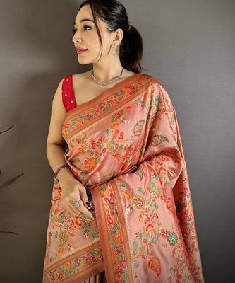 Coral pashmina silk floral&paisley patterns madhubani design kashmiri saree 3