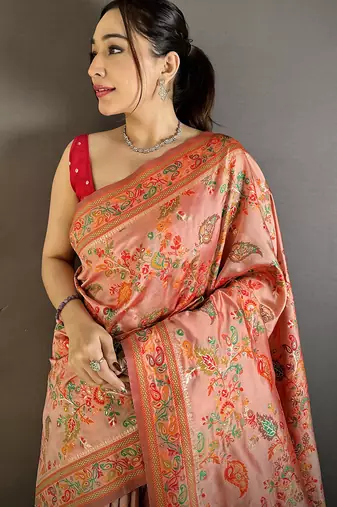 Coral pashmina silk floral&paisley patterns madhubani design kashmiri saree