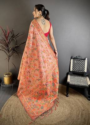 Coral pashmina silk floral&paisley patterns madhubani design kashmiri saree 4