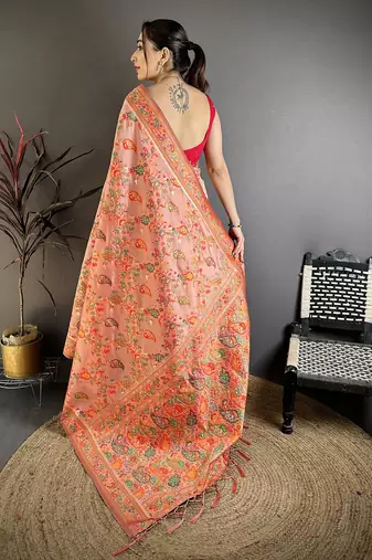 Coral pashmina silk floral&paisley patterns madhubani design kashmiri saree