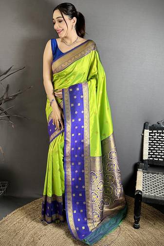 Parrot green soft silk small floral zari butti gold zari weaving banarasi saree