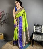 Parrot green soft silk small floral zari butti gold zari weaving banarasi saree