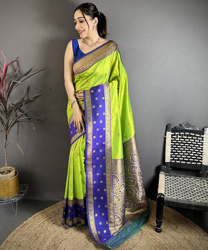 Parrot green soft silk small floral zari butti gold zari weaving banarasi saree