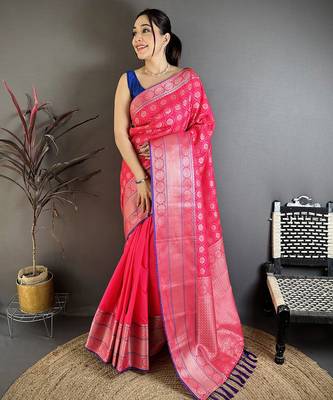 Rani pink banarasi silk woven design kanjivaram sarees 1