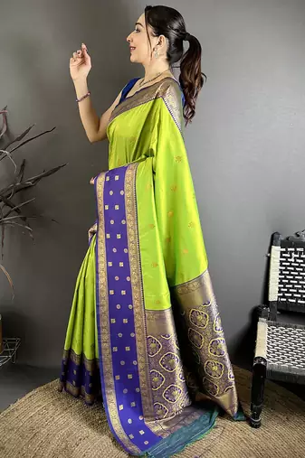 Parrot green soft silk small floral zari butti gold zari weaving banarasi saree
