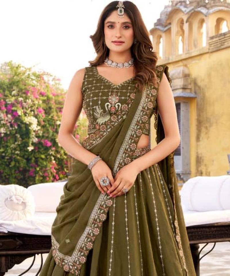 Dark Olive Embroidered Lehenga