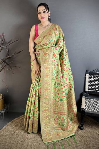 Pastel green pashmina silk meenakari weaving madhubani design kashmiri saree