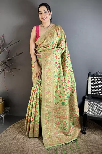 Pastel green pashmina silk meenakari weaving madhubani design kashmiri saree