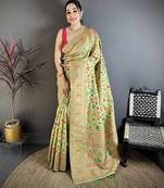Pastel green pashmina silk meenakari weaving madhubani design kashmiri saree