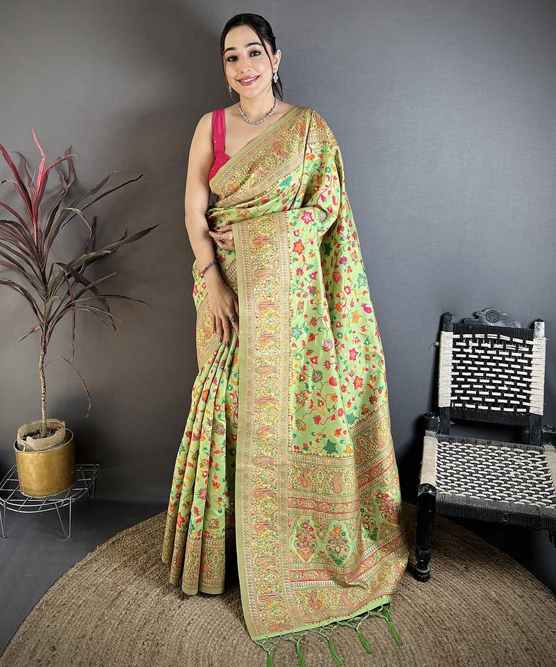 Pastel green pashmina silk meenakari weaving madhubani design kashmiri saree