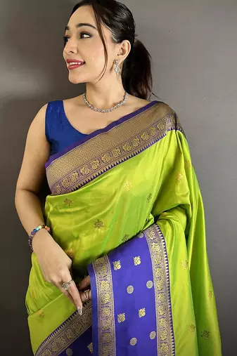 Parrot green soft silk small floral zari butti gold zari weaving banarasi saree