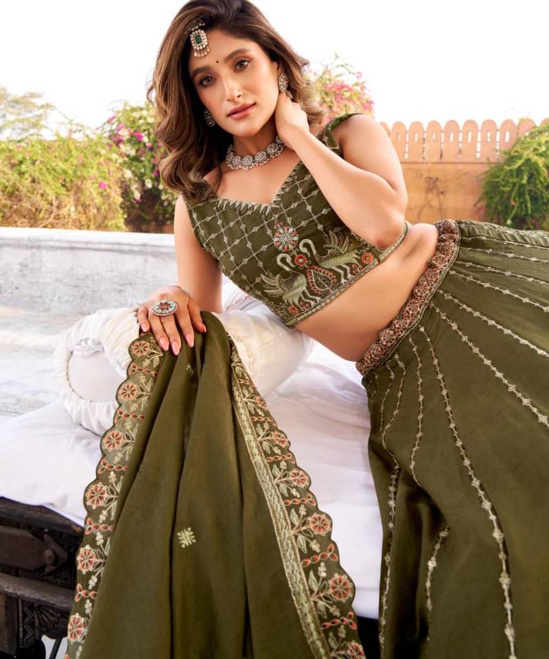 Dark Olive Embroidered Lehenga