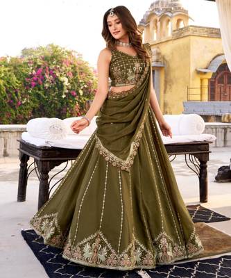 Dark Olive Embroidered Lehenga 1