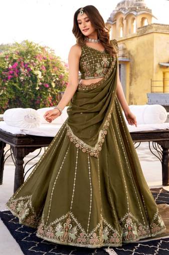 Dark Olive Embroidered Lehenga