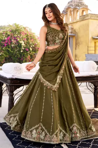 Dark Olive Embroidered Lehenga