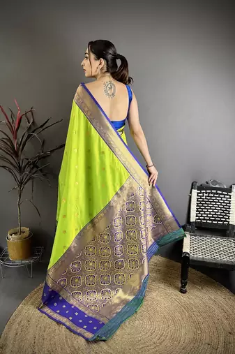 Parrot green soft silk small floral zari butti gold zari weaving banarasi saree