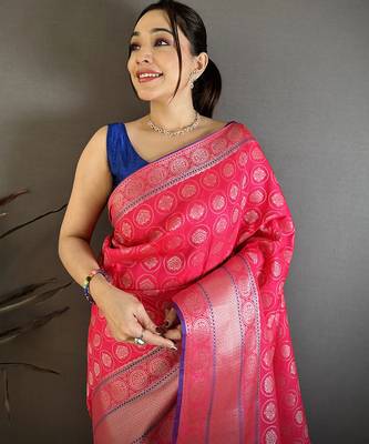Rani pink banarasi silk woven design kanjivaram sarees 3