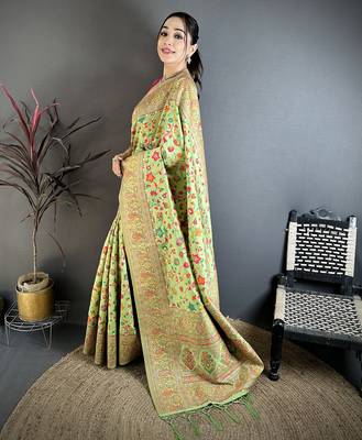 Pastel green pashmina silk meenakari weaving madhubani design kashmiri saree 2