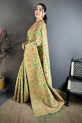 Pastel green pashmina silk meenakari weaving madhubani design kashmiri saree